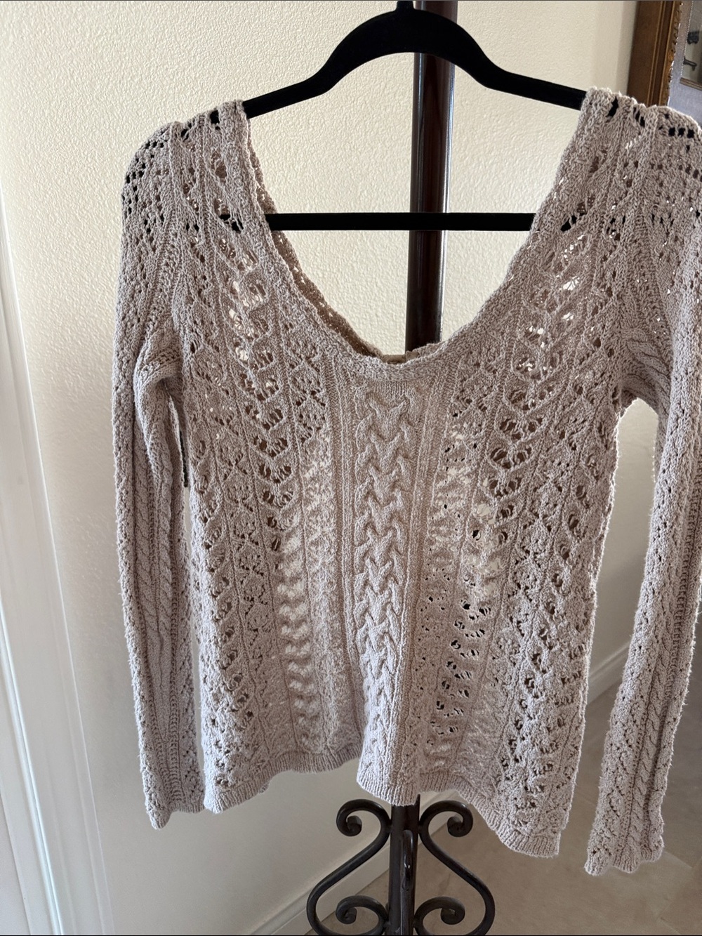 Free People Light Beige Open-Knit Off-the-Shoulder Sweater